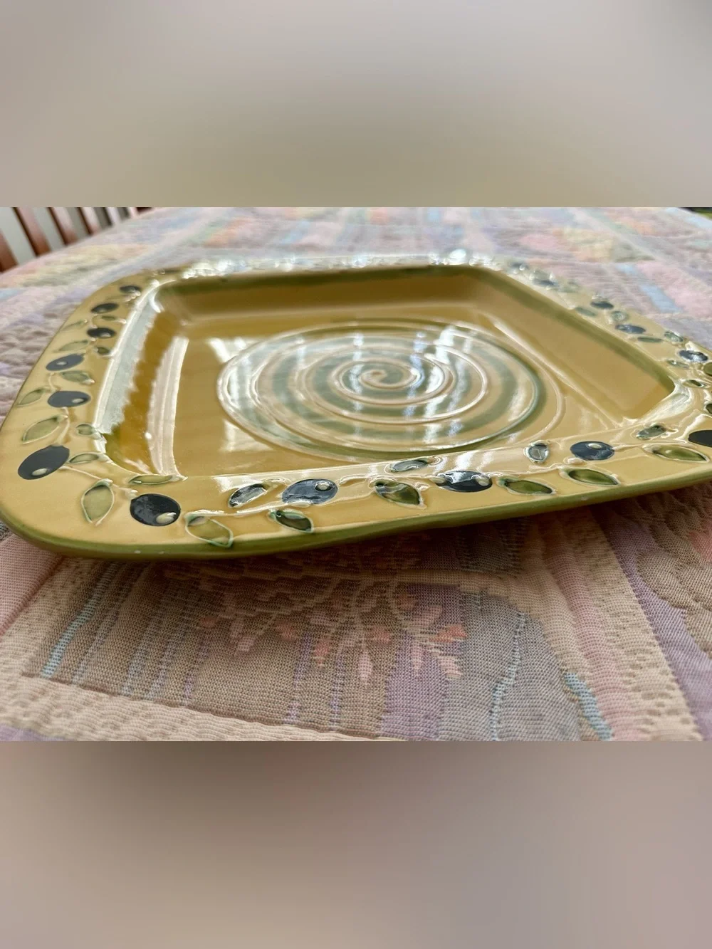 ZRIKE Vintage Yellow Spiral Ceramic Serving Platter with Olive Motif Minor Flaws